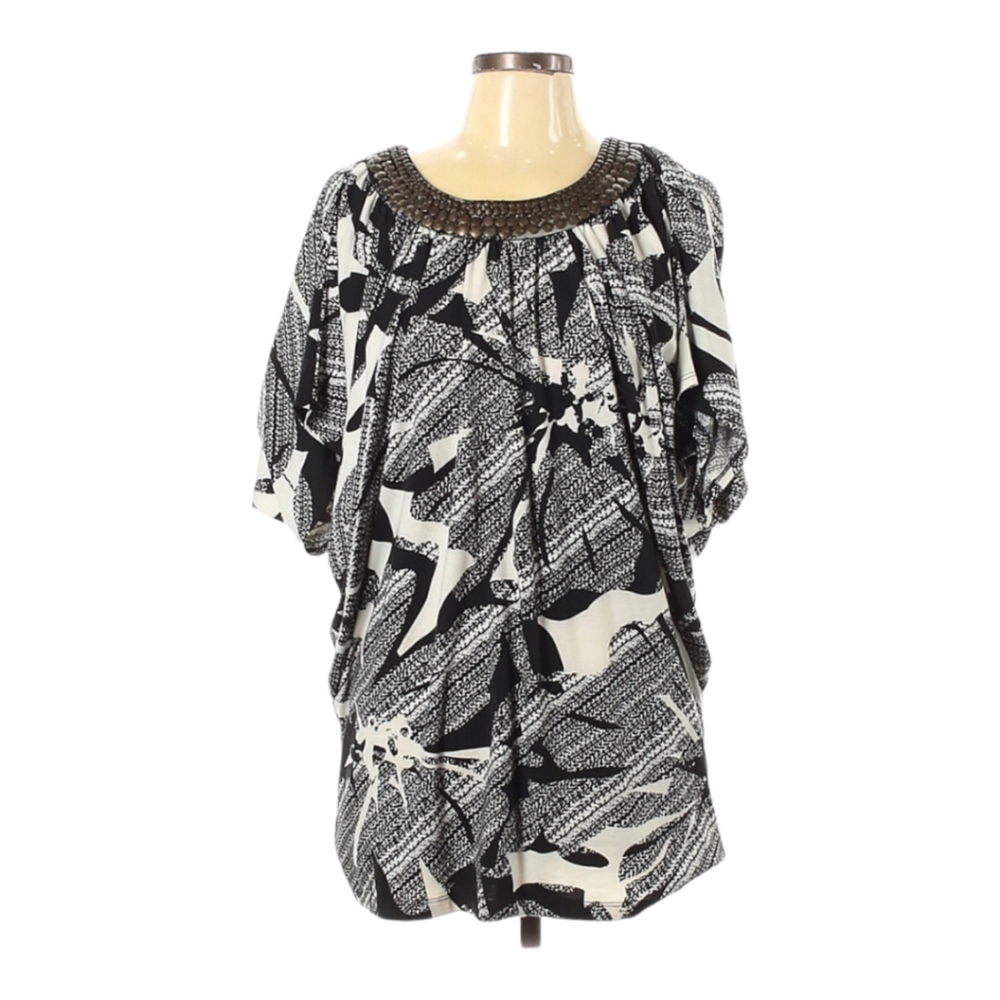 JohnPaulRichard Short Sleeve Tunic Top Size L Black Ivory Embellished Round Neck